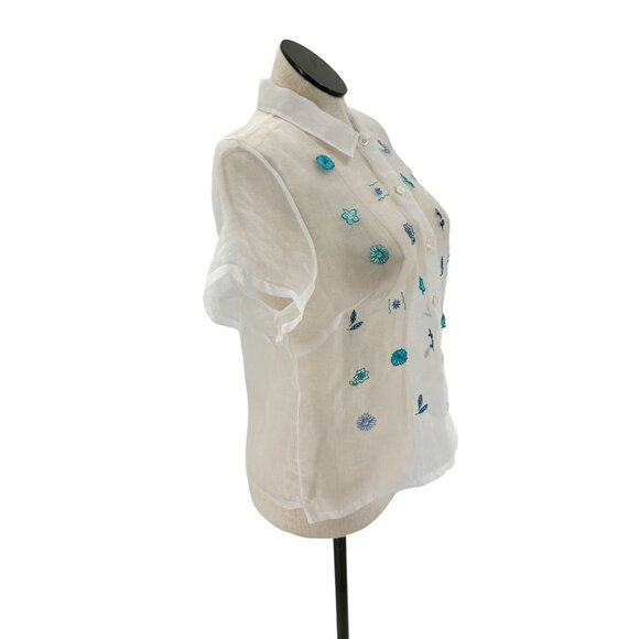 Vintage 80s 90s Sheer & Floral Embroidered Button Up Short Sleeve Blouse - Picture 3 of 6